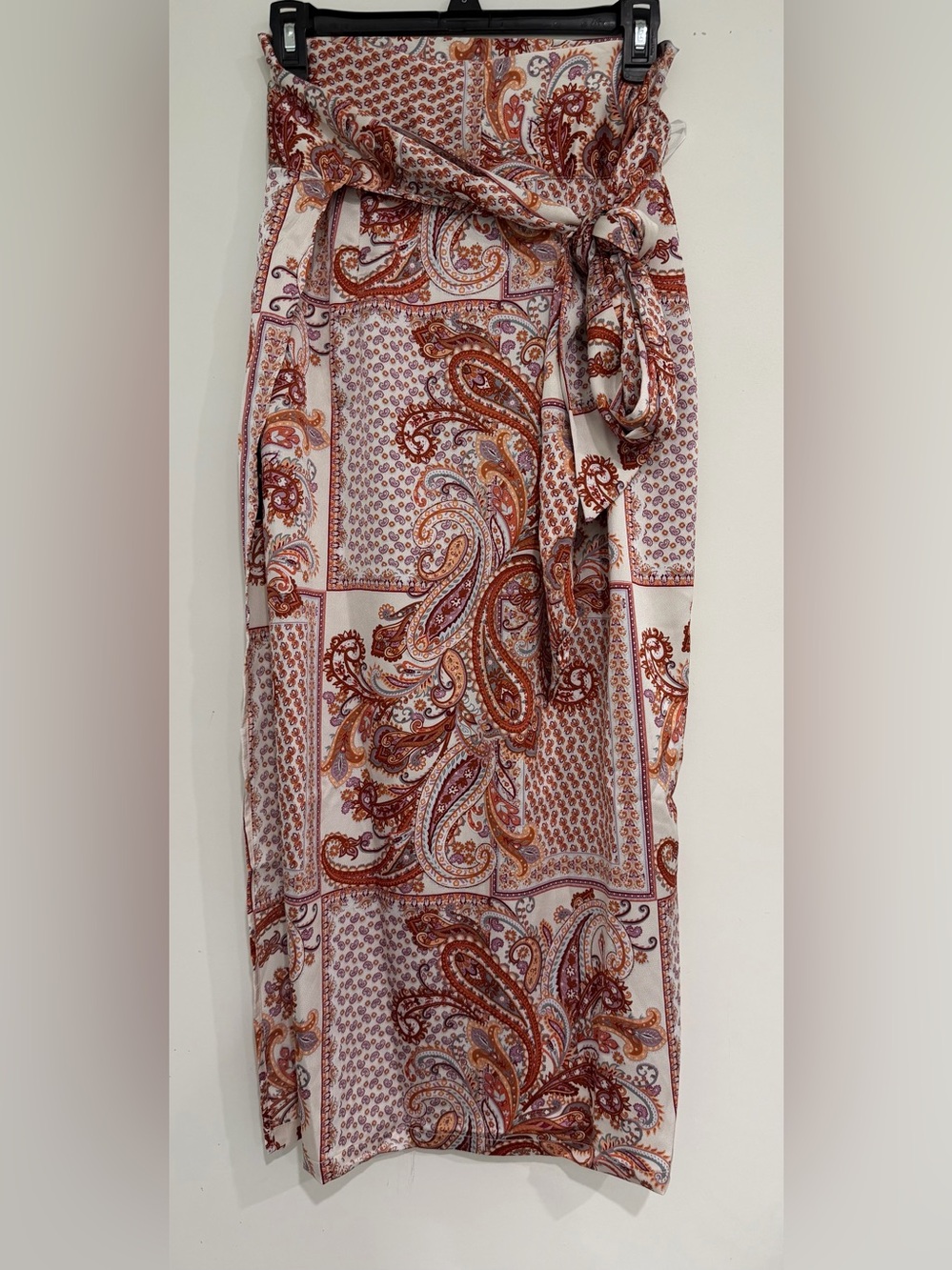 NWT Lulu’s Take A Walk With Me Brown Ivory Paisley Satin Wrap Midi Skirt Large